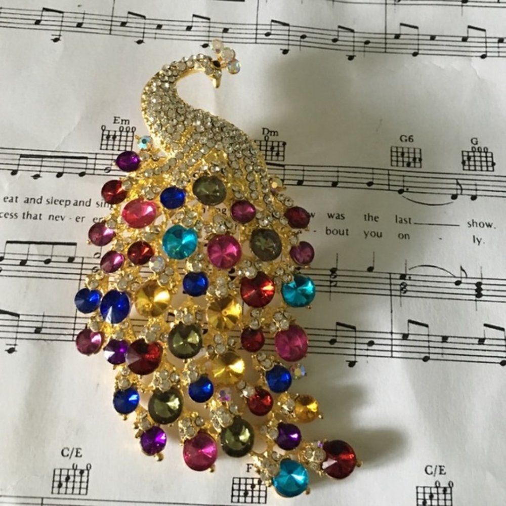 Multi color rhinestone  peacock brooch